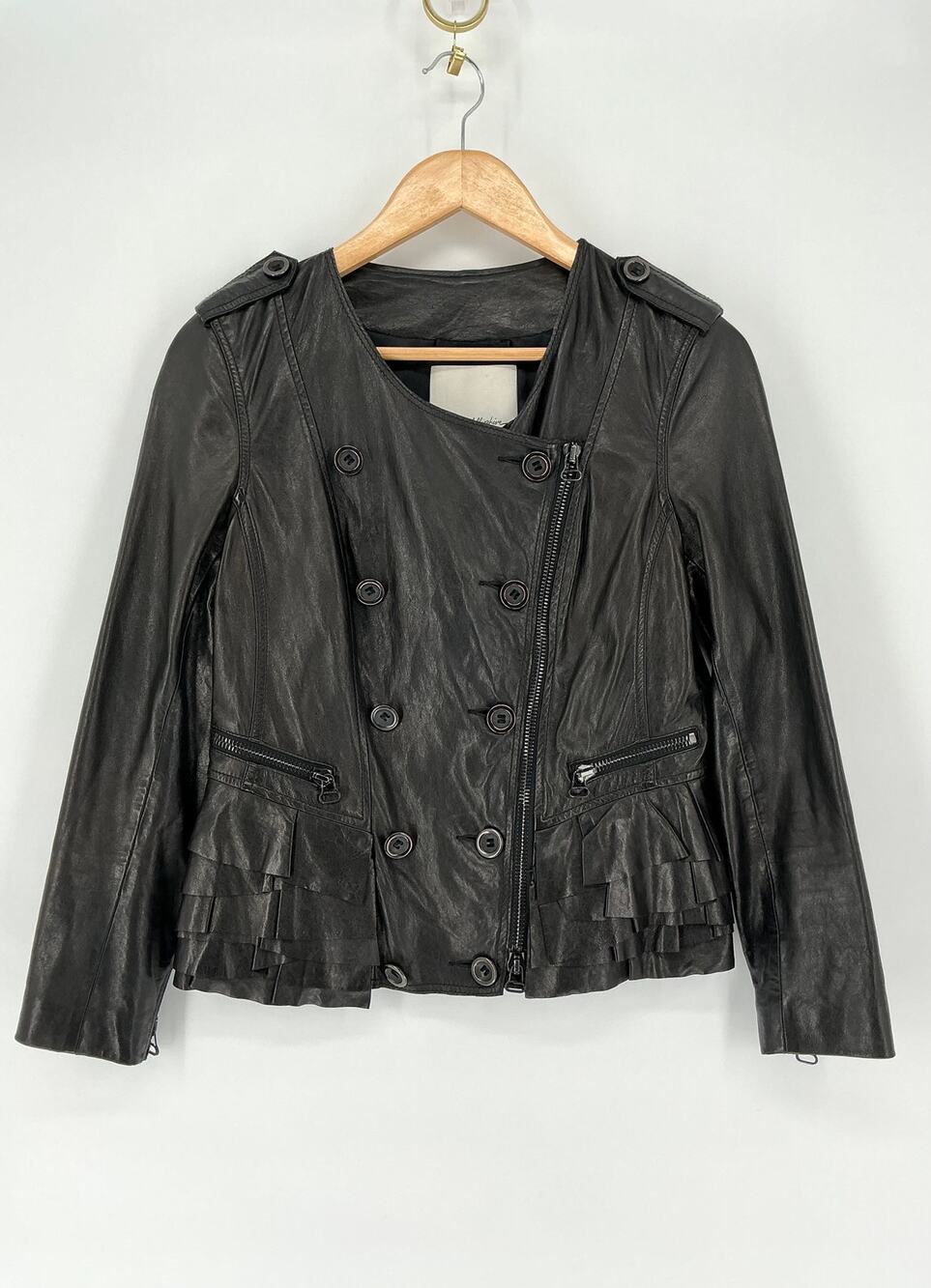 3.1 Phillip Lim Lamb Leather Ruffle Moto Jacket Black Size 4 Indie Sleaze